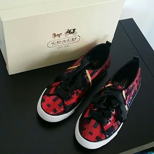 Sz 6.5 Coach Willa Sequin Sneakers Red Blue Gold
