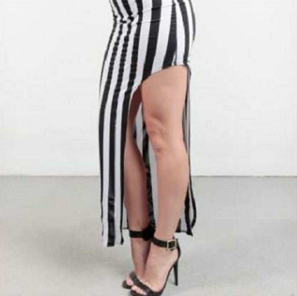 Maxi Skirt Striped Slit Side Long Black White S M