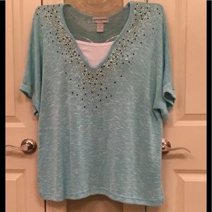 Ice Blue Knit Top with Faux T-Shirt Inset