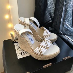 Jimmy Choo Ivory and Tan Espadrille Wedge Size 36