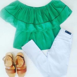 NWOT Green Endless Rose Cold Shoulder Flounce Top