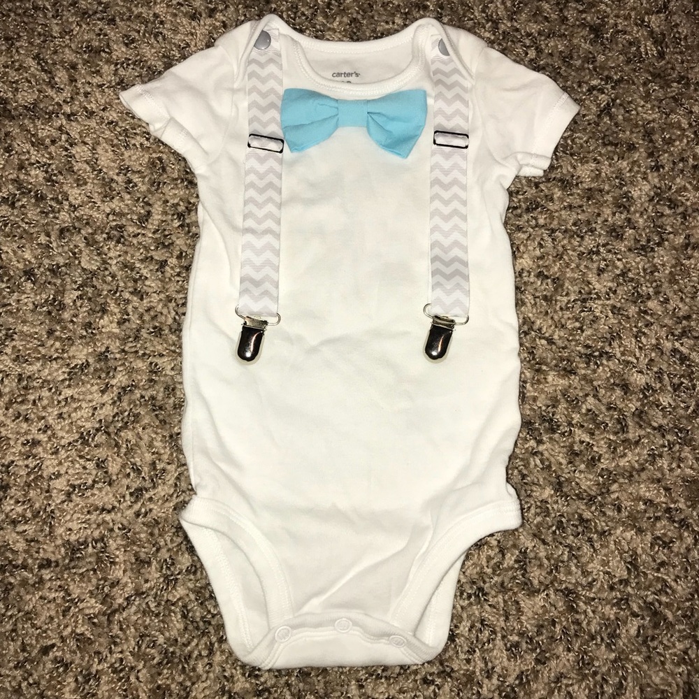 Boys bow tie and suspenders onesie