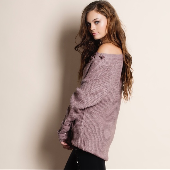 BESTSELLER Lace Up Mauve Sweater - Picture 2 of 3