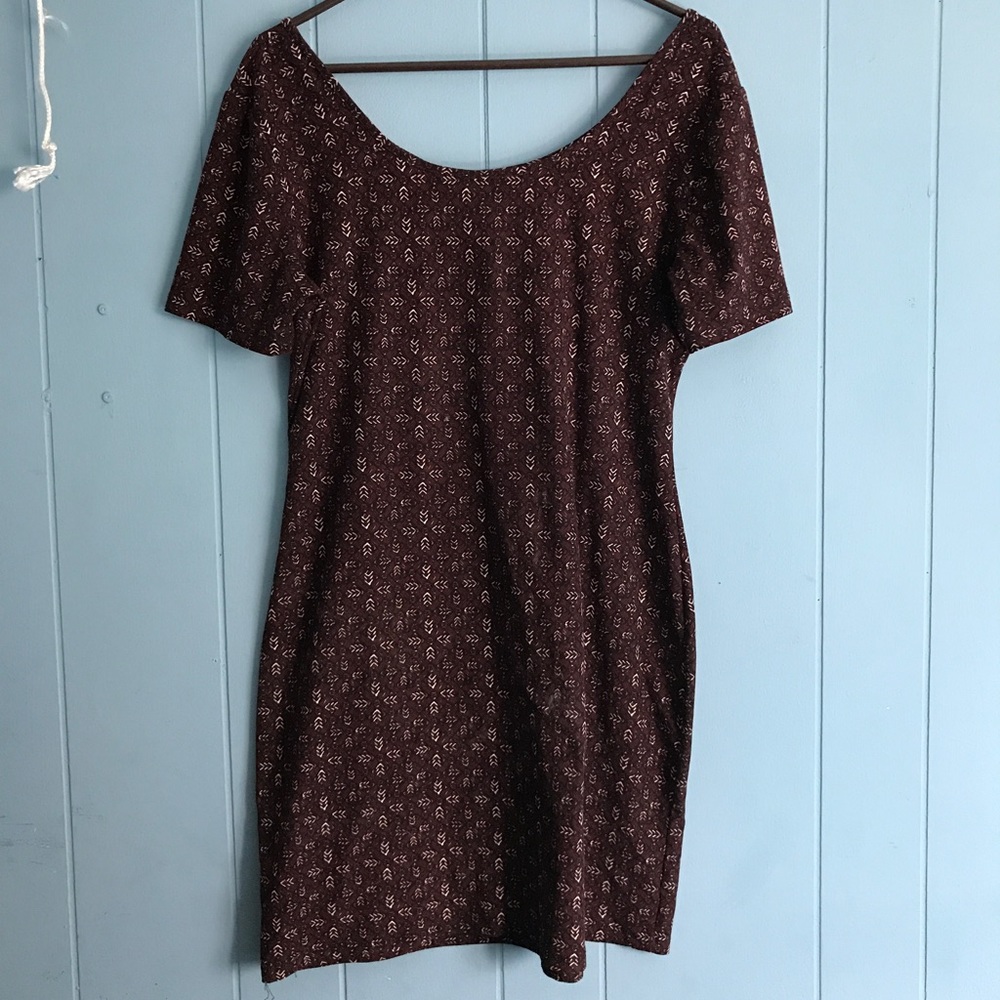Maroon, black, and white dress.