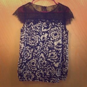 Ann Taylor Black and White Floral and Lace Blouse