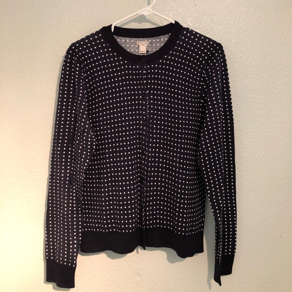Polka dot navy and white jcrew cardi