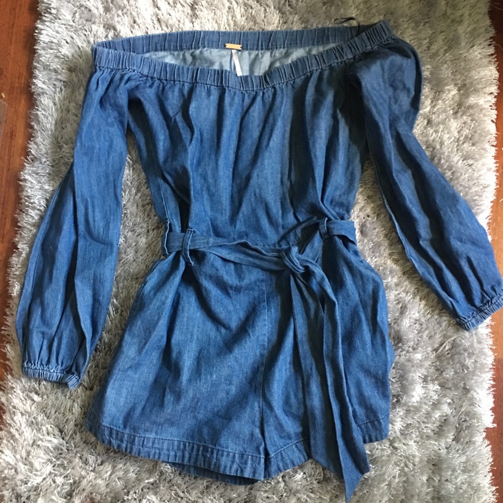 Free People Off the Shoulder Denim Romper