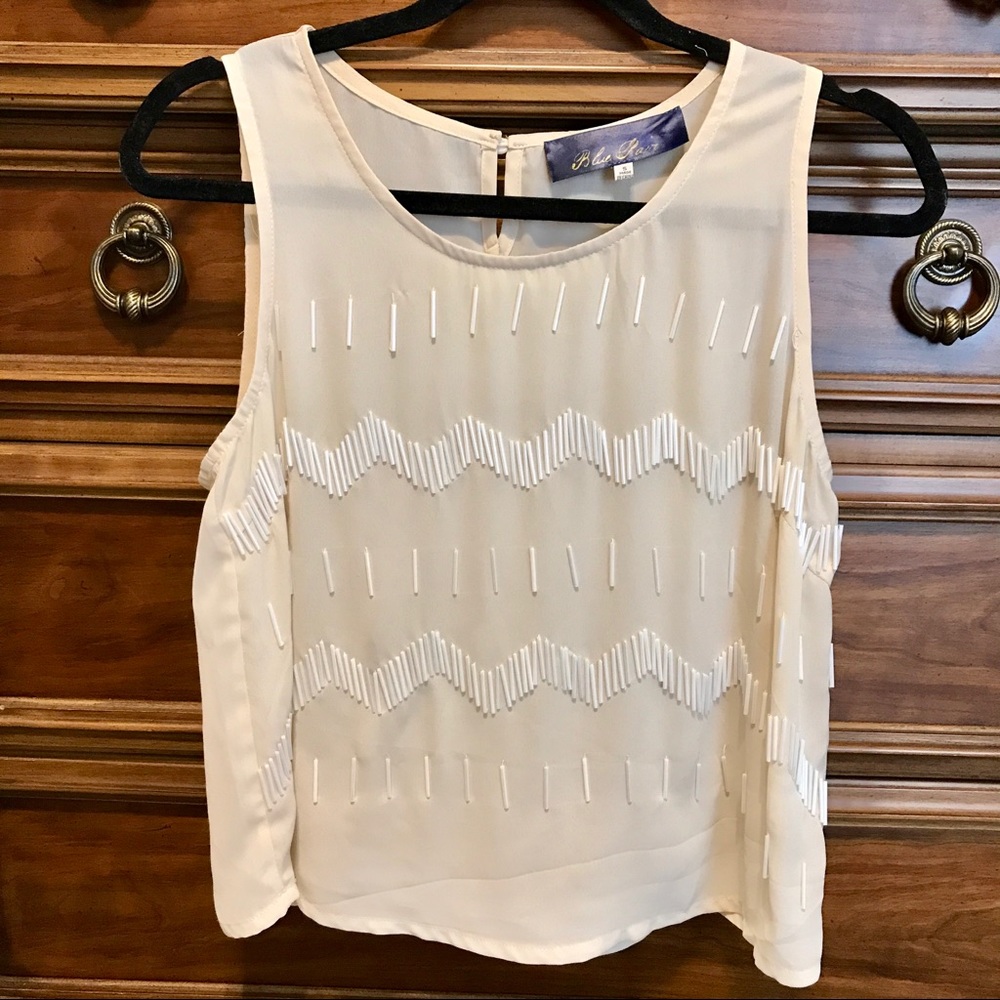 Sheer Cream Beaded Sleeveless Blouse