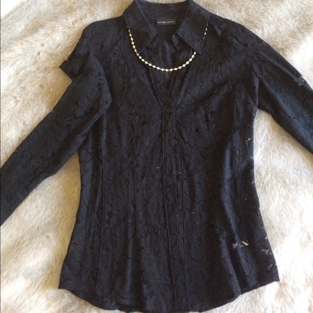 Black sheer flower button down
