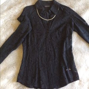 Black sheer flower button down