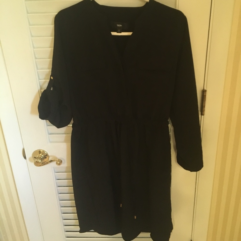 Black button up dress cinch waist gold details