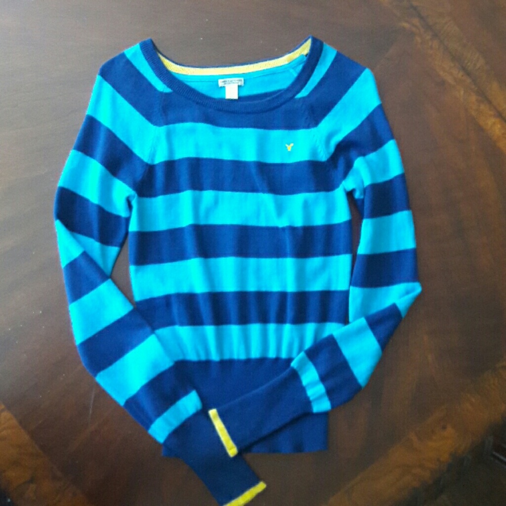 Blue Striped Sweater with Yellow Trim on Sleeves