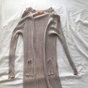 A long calf length cardigan.