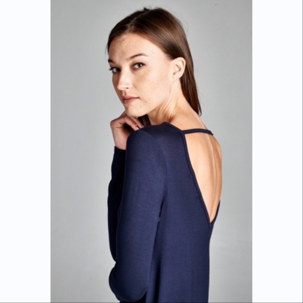 Navy Cut Out V Back Longsleeve Tunic Dress - Picture 2 of 2