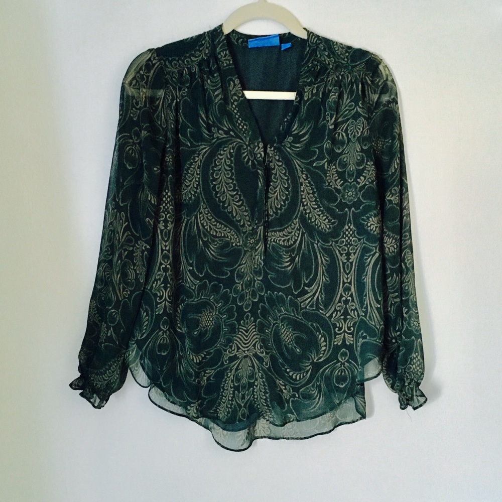 Vera Wang Semi Sheer Emerald Green Pattern Blouse