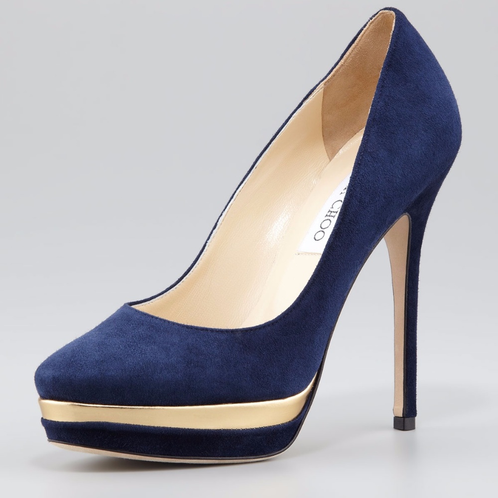 JIMMY CHOO SUEDE LEATHER NAVY/ GOLD STILETTO