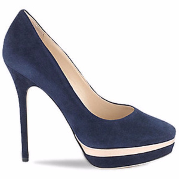 JIMMY CHOO SUEDE LEATHER NAVY/ GOLD STILETTO - Picture 2 of 6