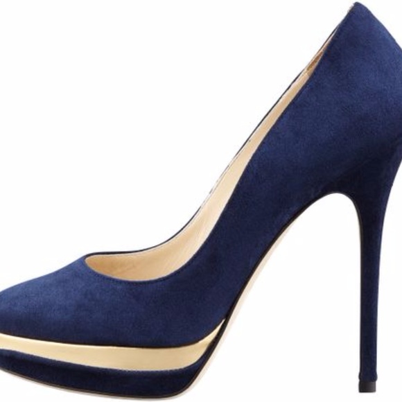 JIMMY CHOO SUEDE LEATHER NAVY/ GOLD STILETTO - Picture 3 of 6