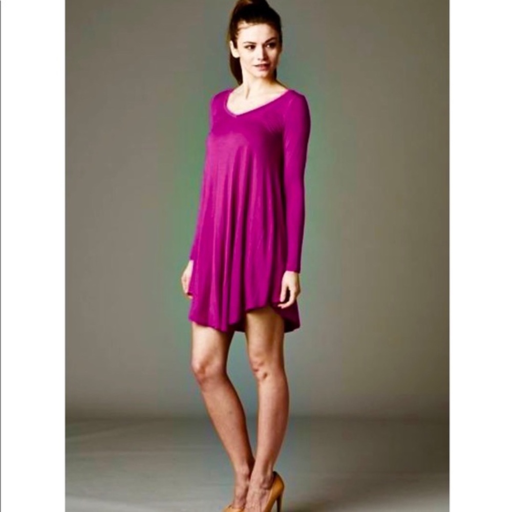 Magenta V Neck Tunic Boho Dress - Picture 1 of 6