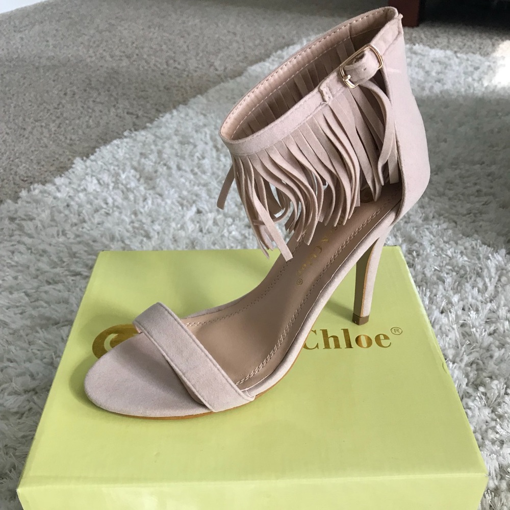 NIB nude ankle fringe heels