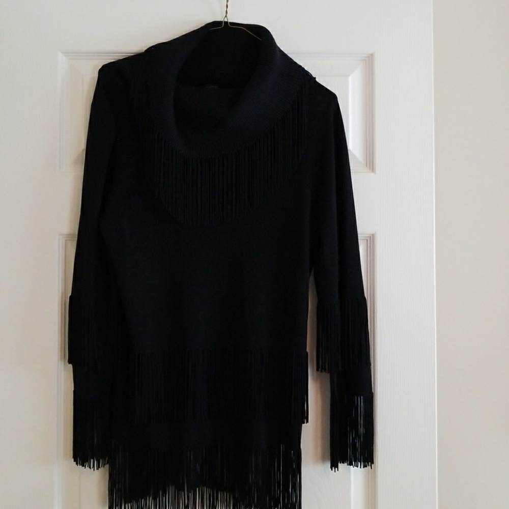 Radzoli black knit fringe cowl neck sweater, xl