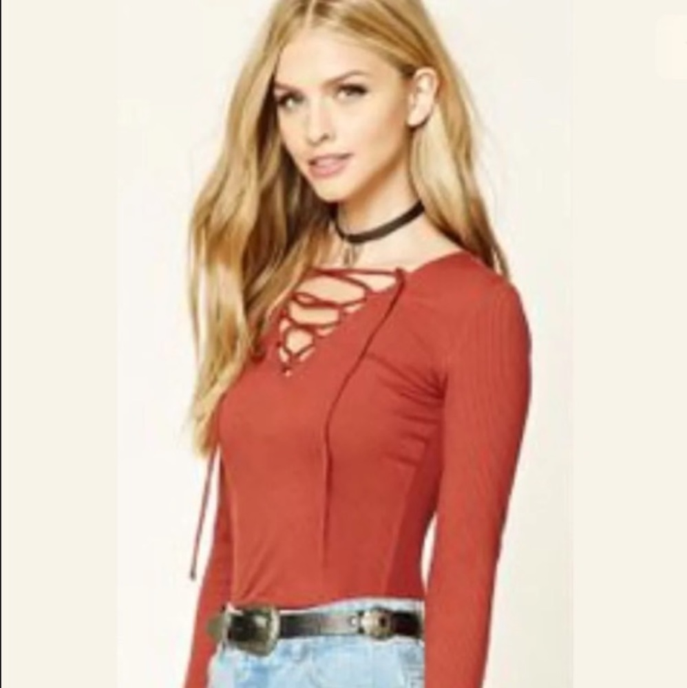 Forever 21 Rust Colored Lace Up L/S Top
