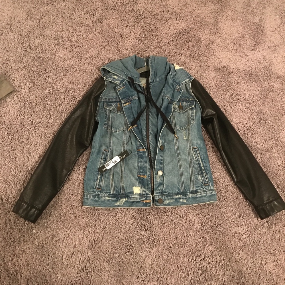 NWT denim hooded faux leather sleeves jacket