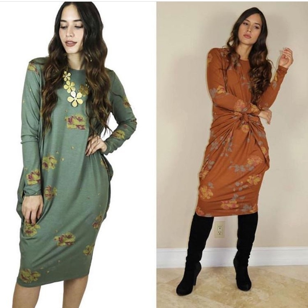 👗copper floral boho midi dress with 3/4 sleeve