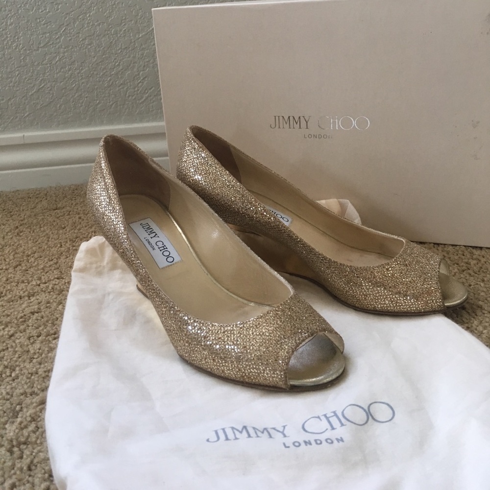 Jimmy Choo Baxen Gold Glitter Peep-Toe Wedge Pump