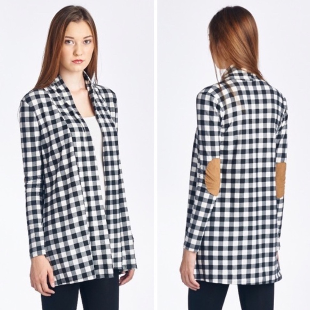 Navy & White Checker Cardigan & Suede Patch Elbows