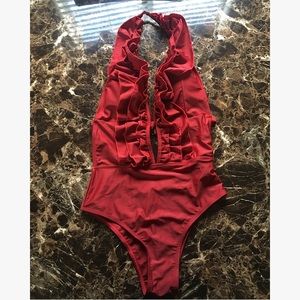 Red Ruffled One Piece Bathing Suit