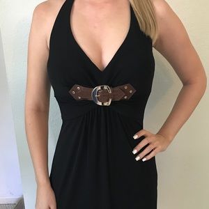 Cache Black Halter Front Buckle Dress Size M