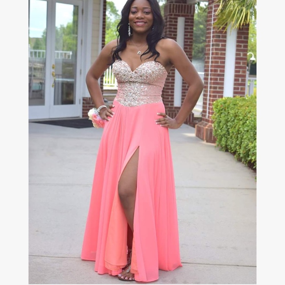 Strapless Salmon Pink Glitter Prom Dress with Slit