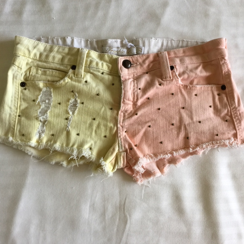 Frankie B. Two tone studded denim shorts