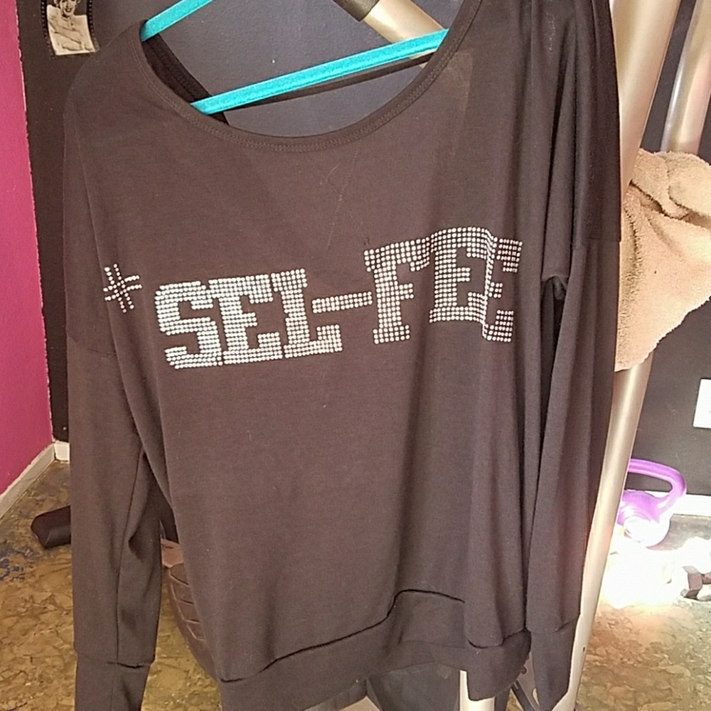 Black top with Bling hashtag sel-fee saying