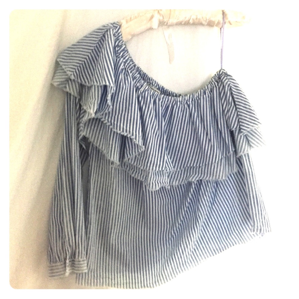 One shoulder blouse, blue & white vertical striped
