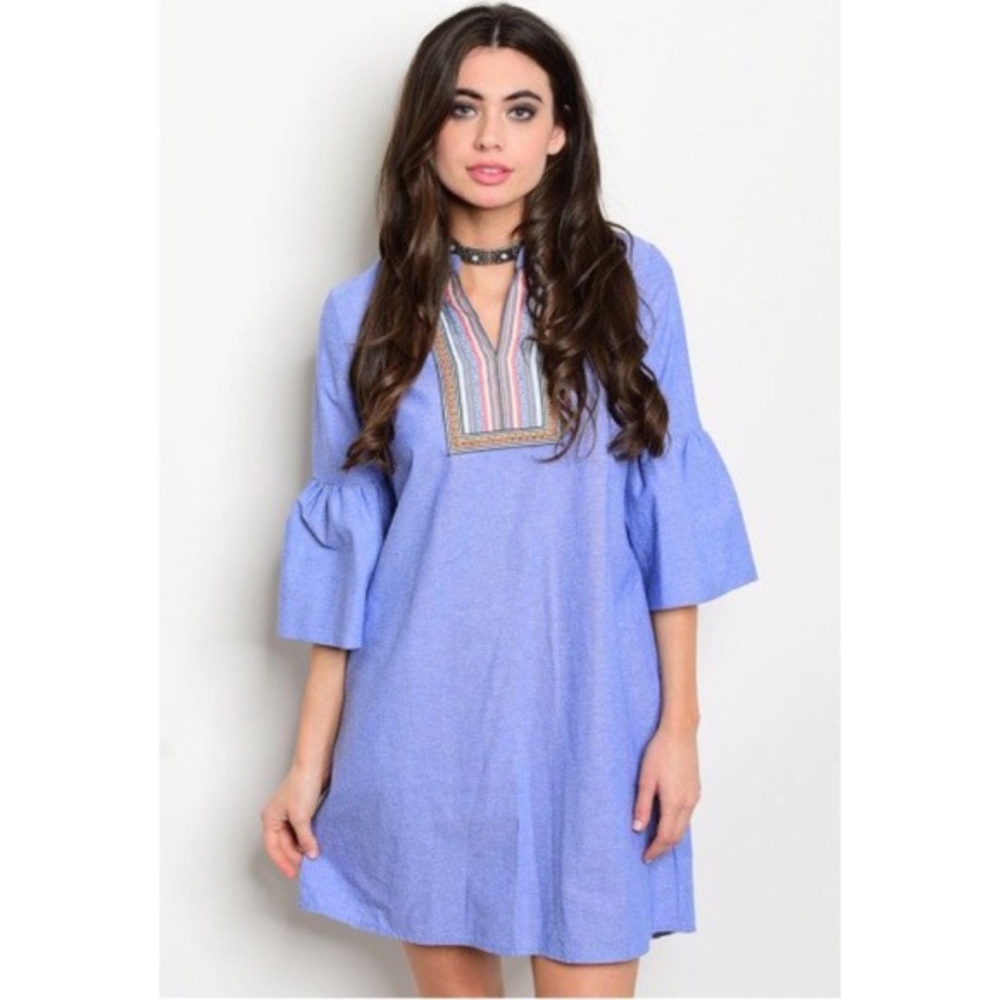 LAST Chambray Boho Bell Sleeve Embroidered Dress