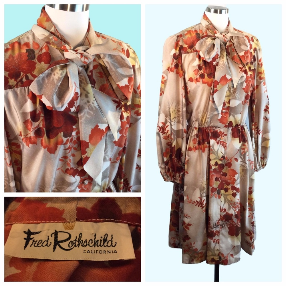 Vtg Autumn Leaves Pussy Bow Office Dress M