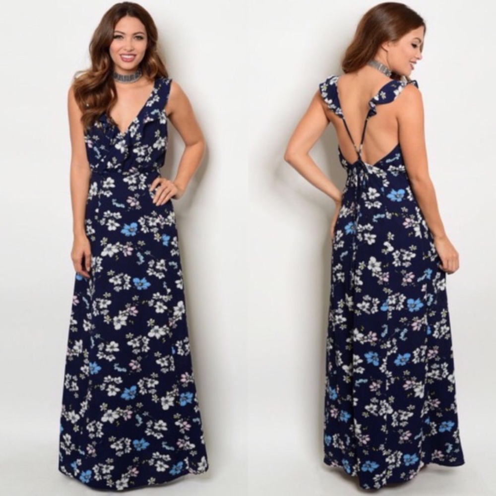 Navy with Ruffles Flowers Maxi Dress