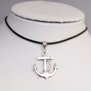 Genuine Leather Cord Anchor Pendant Silver