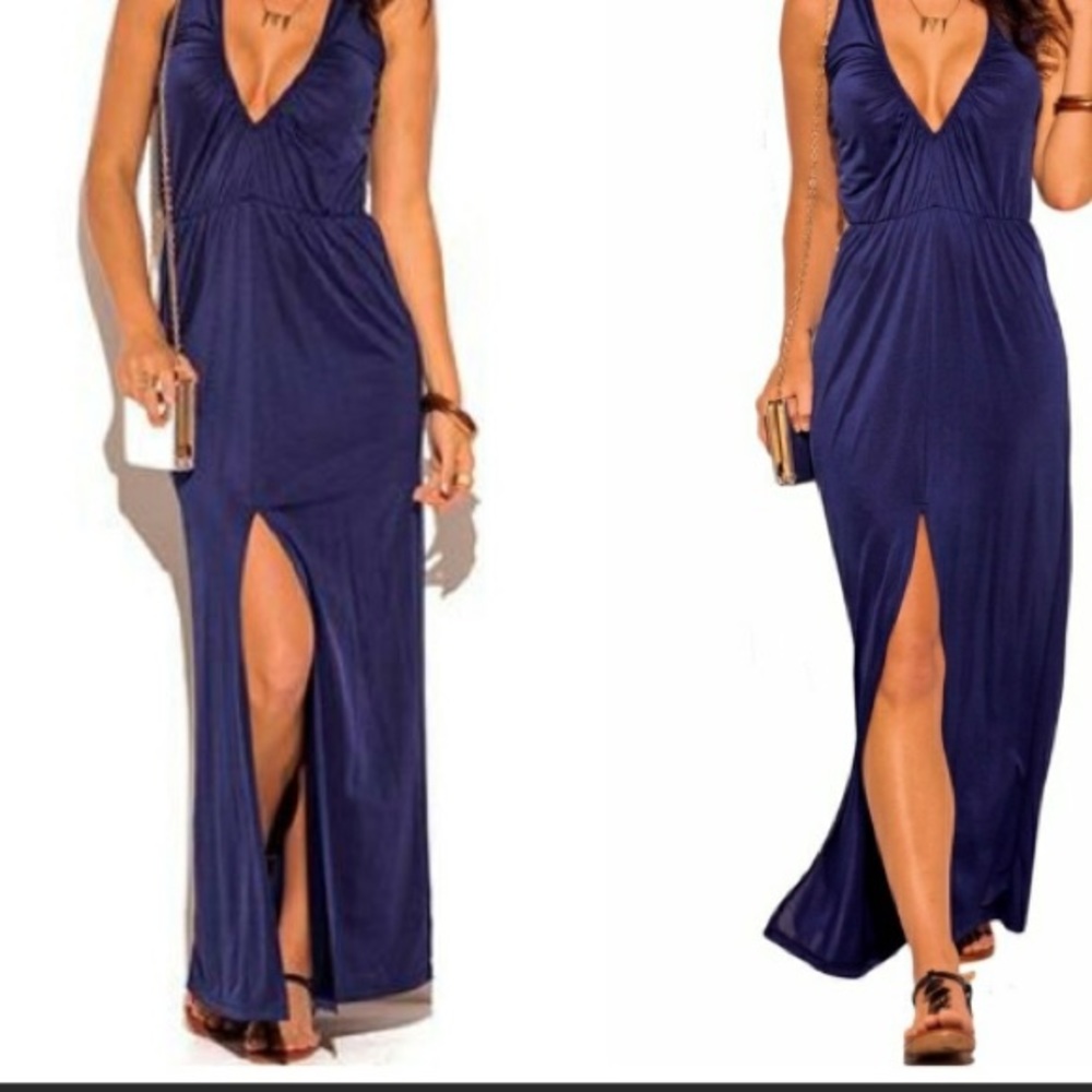 Blue v-neck sexy maxi dress