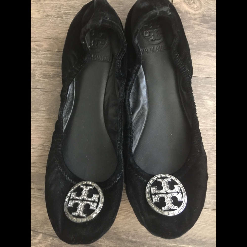 Black Velour tory Burch Flats with sparkly logo