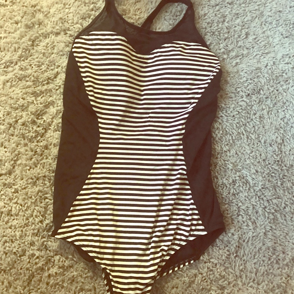 Black and white striped one piece swim suit