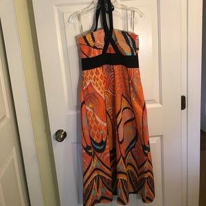 Anthropologie halter dress orange and black print
