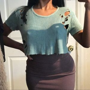 Baby blue ripped Fashion Nova crop shirt