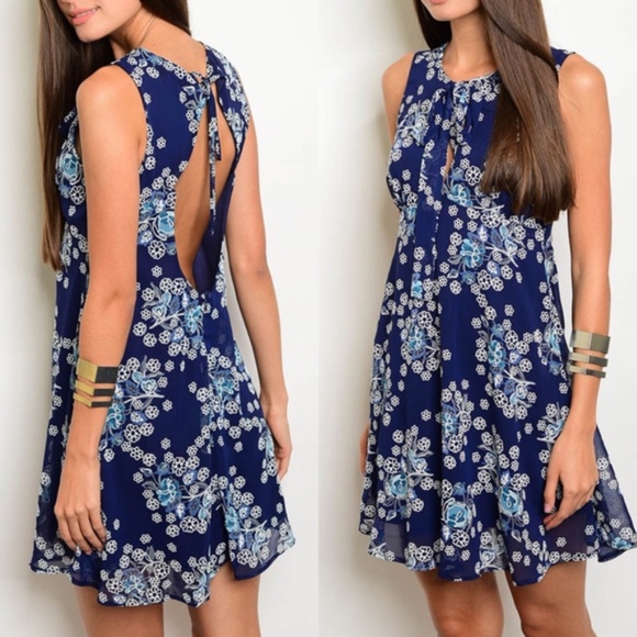 Navy & White Floral Dress Keyhole Open Back - Picture 2 of 4