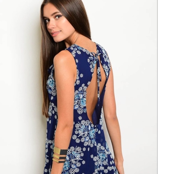 Navy & White Floral Dress Keyhole Open Back - Picture 4 of 4