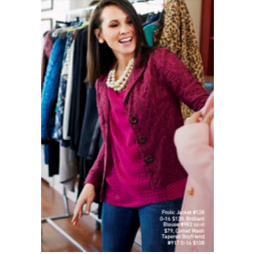 CAbi Plumberry Lace Overlay Frolic Button Blazer 6