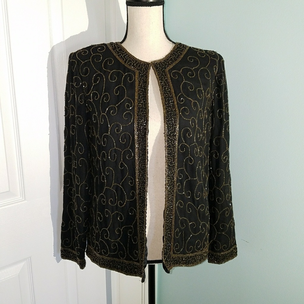 nwt gold beaded on black silky blazer