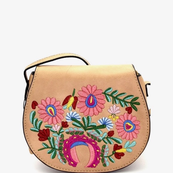 TAN Flower Embroidered Flap Crossbody Bag - Picture 2 of 6